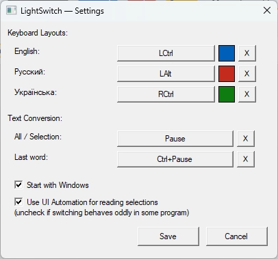 LightSwitch settings window showing layout hotkeys, text conversion bindings, and autostart options